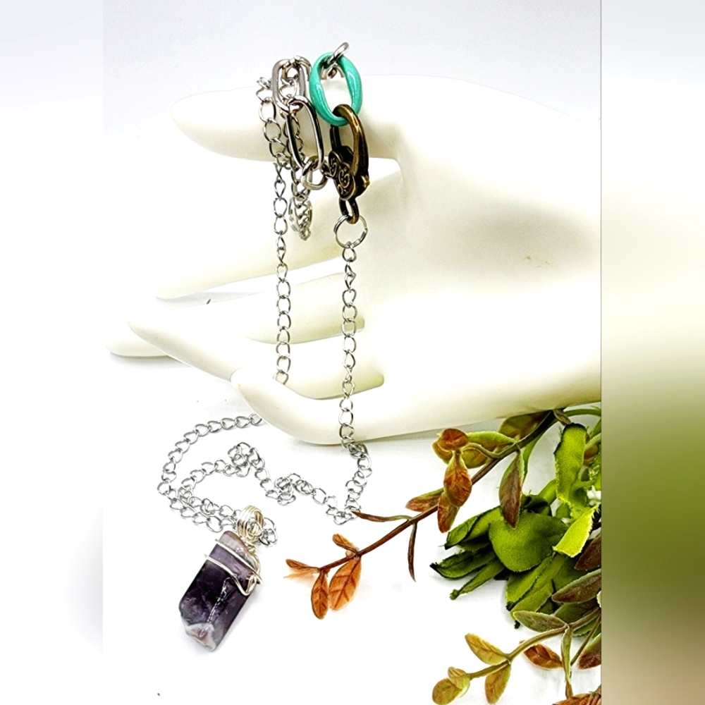 Amethyst stone necklace, wirewrapped amethyst 29in,thin silver chain